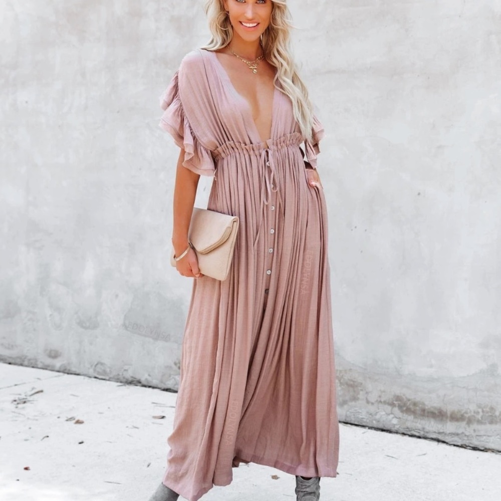 Light Dusty Pink Gauze Boho Button Maxi Coverup Dress - Picture 10 of 10